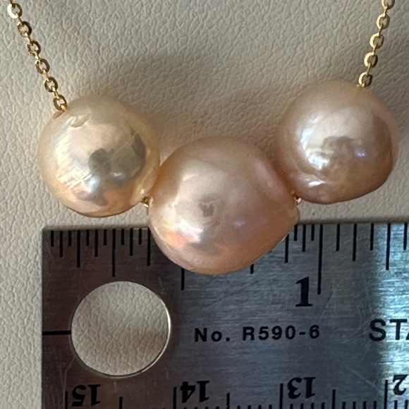 3 Cultured Pearls Floating on 14K Yellow Gold over 925 Silver Chain-Adjustable - Picture 5 of 11